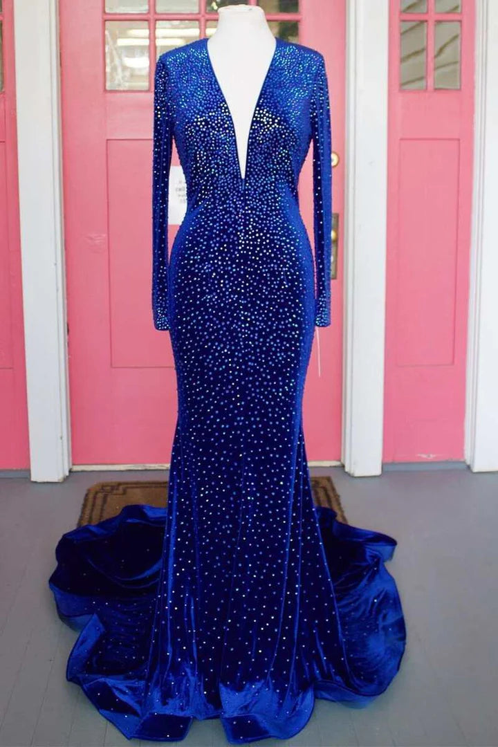 Deep V Neck Royal Blue Velvet Beaded Long Sleeve Mermaid Long Formal Prom Dress